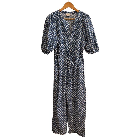 Universal Thread Blue Star Jumpsuit Puff Sleeve L Cotton Belted Boho Cottagecore - Picture 1 of 9